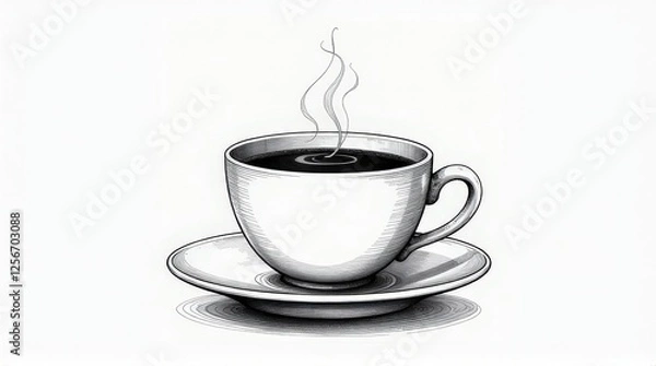 Fototapeta A minimalist illustration of a steaming cup of coffee on a saucer, rendered in clean black and white tones, highlighting simplicity and elegance.