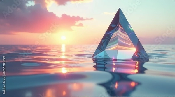 Fototapeta Geometric crystal pyramid floating on rippled water at sunset, reflecting soft hues of pink, blue, and gold, creating a dreamlike and surreal fantasy-inspired setting.