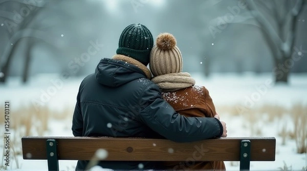 Fototapeta Couple on a wooden bench in a snow-covered park, bundled in warm clothes, embracing each other as gentle snow falls, creating a cozy and romantic winter scene.