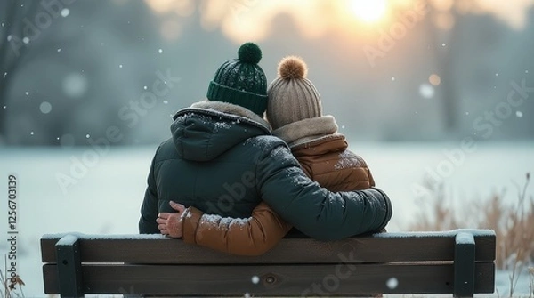Fototapeta Couple sitting on a bench in a snowy park, embracing each other warmly, surrounded by soft falling snow and golden light, creating a romantic and serene winter scene.