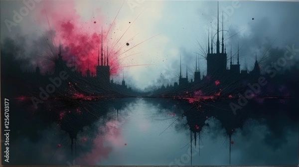 Fototapeta A surreal reflection of dark towers and glowing pink clouds over a calm body of water, creating a mysterious, fantasy-inspired landscape blending magic and twilight tones.