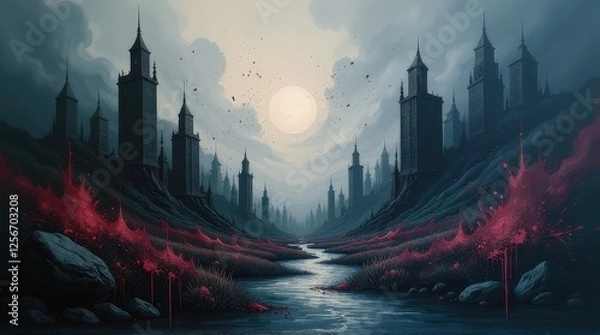 Fototapeta Mysterious dark cityscape with tall towers, glowing pink lights, and a river reflecting the ethereal glow of the twilight sky, blending fantasy, mystery, and surrealism.