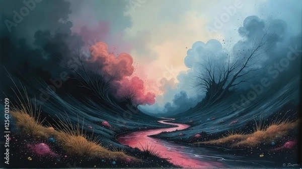 Fototapeta Flowing pink river meandering through a surreal valley under a moody sky, surrounded by dark cliffs and glowing atmospheric elements, creating a fantasy-inspired dreamscape.
