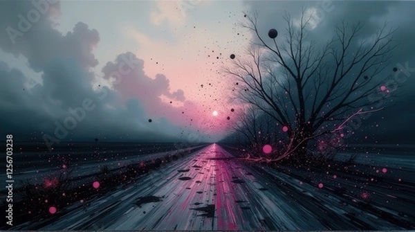 Fototapeta Surreal road stretching into the horizon, framed by barren trees and glowing pink lights under a moody sky, evoking mystery and a dreamlike, dystopian atmosphere.