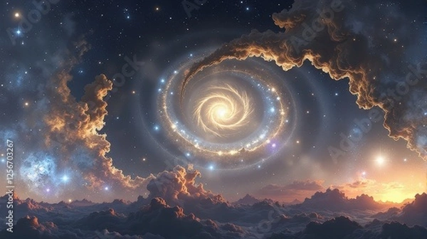 Obraz Glowing cosmic vortex surrounded by swirling clouds and scattered stars, blending fantasy and celestial elements in a dreamlike night sky full of mystery and magic.