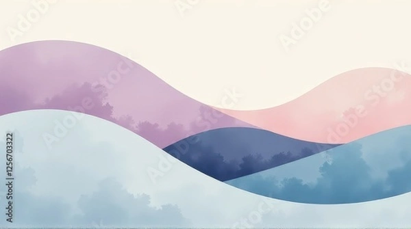 Fototapeta Abstract pastel design with flowing waves of pink, blue, and violet, creating a dreamy, layered landscape with soft transitions and a calm, ethereal aesthetic.