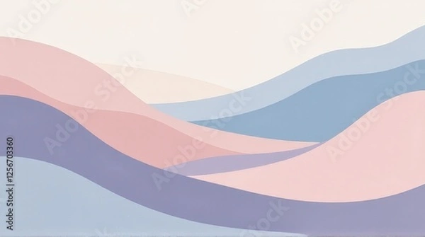 Fototapeta Abstract landscape art featuring flowing pastel waves of pink and blue, evoking a calm and minimalist design with soft, organic curves blending seamlessly into a neutral background.