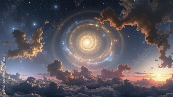 Fototapeta Cosmic spiral glowing amid swirling clouds and starlit sky, creating a mystical, ethereal scene with glowing orbs and soft ambient light in a fantasy-inspired celestial landscape.