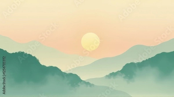 Fototapeta Serene sunrise over misty hills with layers of greenery and golden light, creating a soft, harmonious landscape that reflects peace, calmness, and nature’s simplicity.