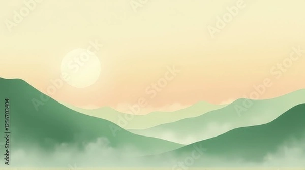 Fototapeta Layers of green hills and soft morning fog under a glowing sun, creating a dreamy, minimalist landscape with earthy tones and a tranquil, atmospheric ambiance.