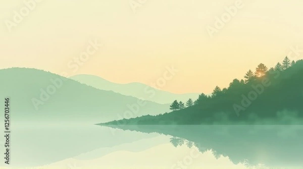 Fototapeta Tranquil misty lake reflecting green hills and distant trees under soft golden light, creating a peaceful, minimalist natural scene with gentle morning fog and serene waters.