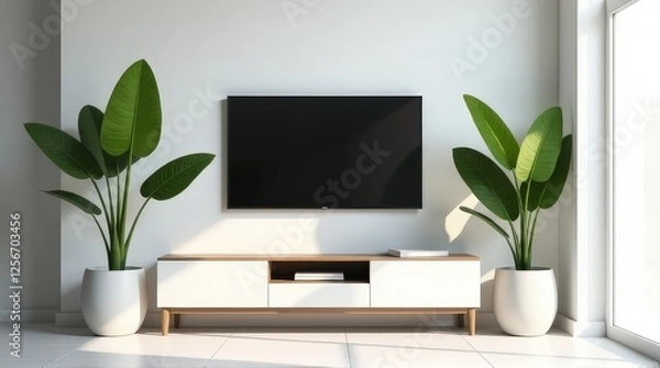 Fototapeta Modern living room with a wall-mounted TV, sleek white TV unit, and symmetrical potted plants on both sides, illuminated by soft, warm natural light.