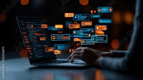 Fototapeta Person using laptop with code and glowing ai chatbot analyzing social media interactions