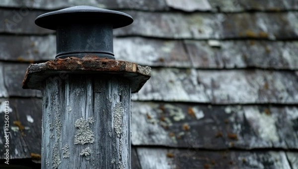 Fototapeta Weathered Chimney Vent on Rustic Shingle Roof