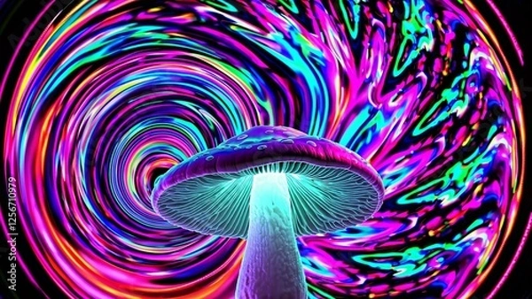 Fototapeta Vibrant psychedelic mushroom glowing in neon colors against a swirling vortex background, evoking themes of altered consciousness and spiritual exploration