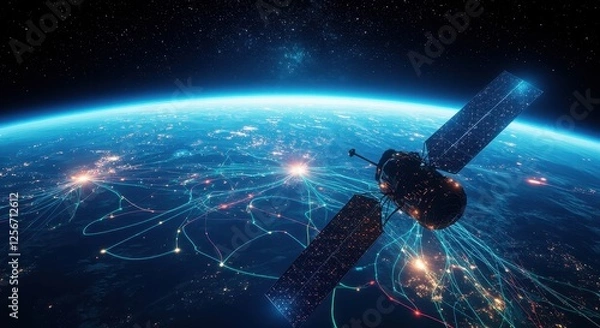 Fototapeta Global Cyber Network Connected to a Futuristic Satellite in Space.