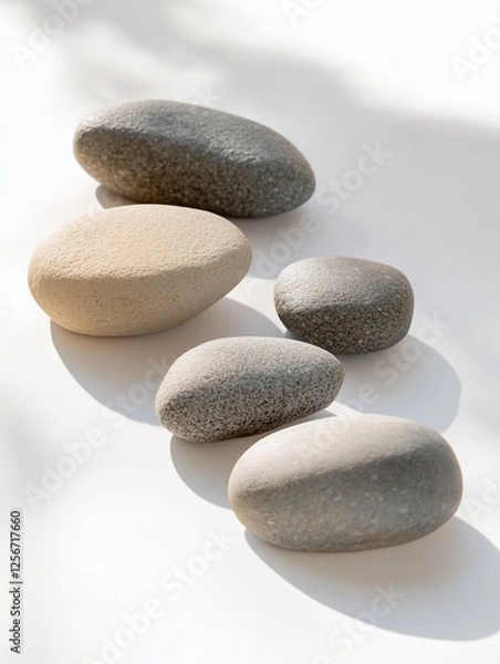 Fototapeta Five smooth, oval stones of varying sizes and colors, arranged on a white background with subtle shadows.