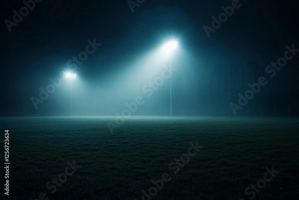 Fototapeta Foggy night scene with two bright stadium lights illuminating an empty field.