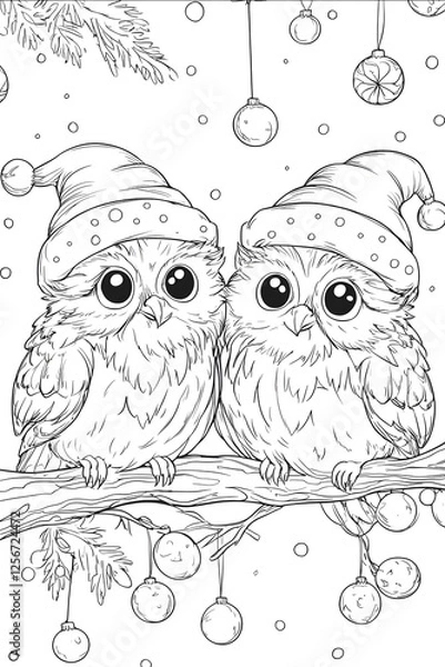 Fototapeta coloring book for kids thick lines simple low detail Two winter owls wearing Christmas hats perched on a snowy branch