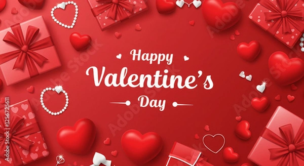 Fototapeta Red Background Happy Valentine's day text, hand lettering typography poster on red gradient background. Vector illustration. Romantic quote postcard, card, invitation, banner template.