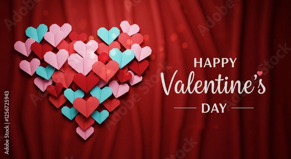 Fototapeta Red Background Happy Valentine's day text, hand lettering typography poster on red gradient background. Vector illustration. Romantic quote postcard, card, invitation, banner template.