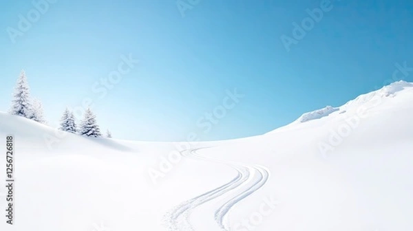Obraz Snowy landscape with ski tracks leading through a serene winter scene under a clear sky