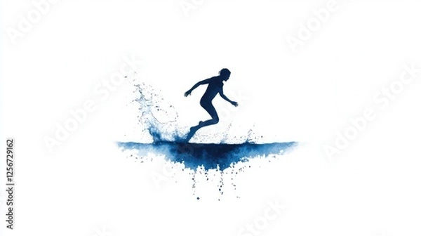 Fototapeta Silhouette of a person running on water with splashes in a serene, minimalist background