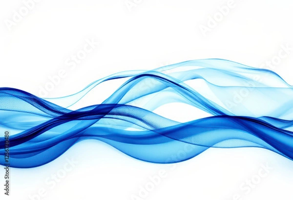 Fototapeta Abstract blue waves flow gracefully across a clean white backdrop, creating a versatile design ideal for banners and various digital applications.