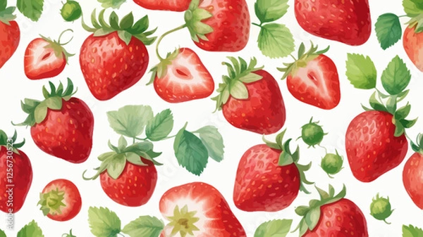 Fototapeta Hand-painted watercolor strawberries with leaves and flowers in a seamless pattern. A fresh and summery design ideal for packaging and textiles.