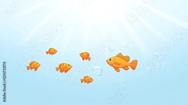Obraz Colorful orange fish swimming in clear water with bubbles and sunlight shining above