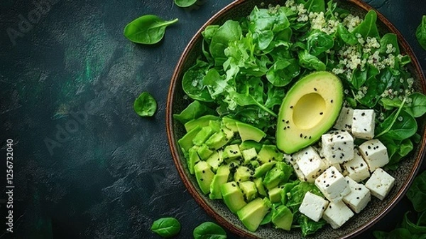 Fototapeta Fresh green salad with avocado, feta cheese, and quinoa in a rustic bowl on a dark surface