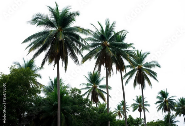 Fototapeta Isolated tropical trees stand tall against a white background, perfect for design and advertising applications in various contexts.