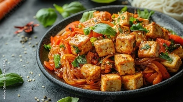 Obraz Colorful tofu stir-fry with vegetables on a black plate, garnished with fresh herbs and spices