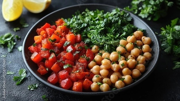 Fototapeta Freshly chopped vegetables and chickpeas arranged in a black bowl with herbs and lemon slices