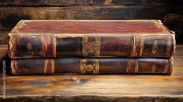 Fototapeta Two vintage leather-bound books resting on a rustic wooden surface, conveying a sense of history