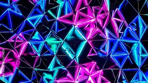 Fototapeta Low-poly triangular shapes in vibrant neon colors form a dynamic and futuristic background, ideal for technology, music, or entertainment-related projects