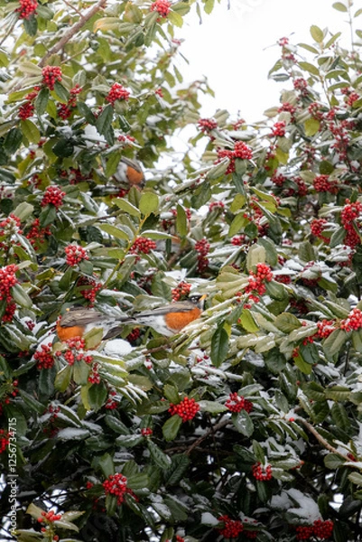 Fototapeta Birds Sitting in a Snow Covered Holly Tree 
