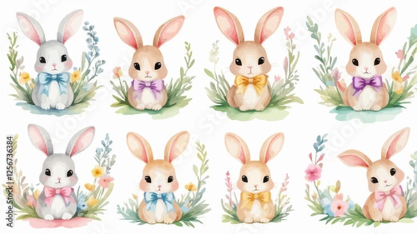 Fototapeta Watercolor seamless pattern of cute bunnies with bows in a pastel floral arrangement. A delicate and artistic spring design.