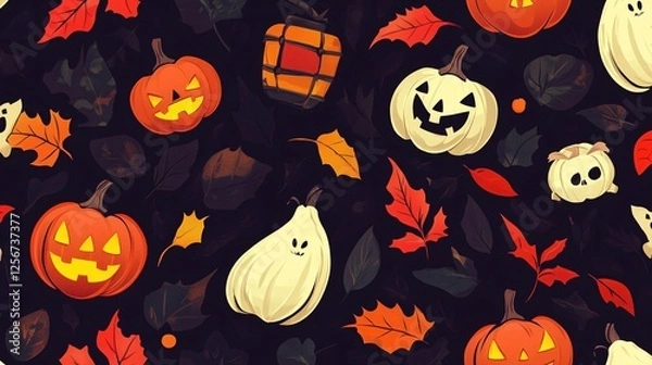 Fototapeta Halloween pumpkins and autumn leaves vector pattern on a seamless black background