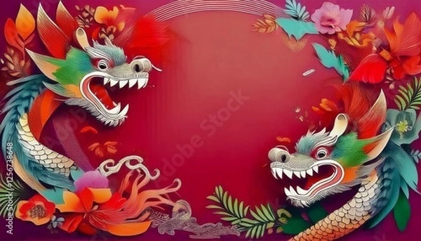 Fototapeta elegant dragon border frame with floral design with copy space for text graphic resource
