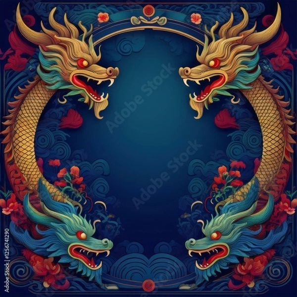 Fototapeta elegant dragon border frame with floral design with copy space for text graphic resource

