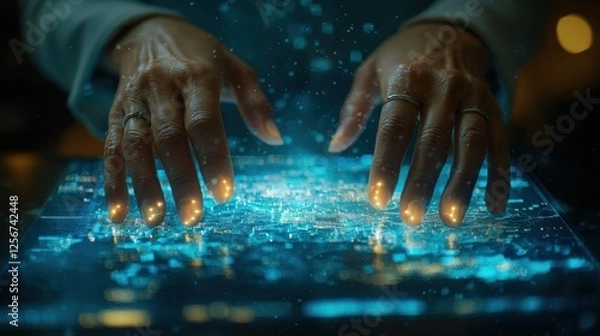 Obraz Persons hands interacting with a digital tablet on a wooden table in a bright indoor environment
