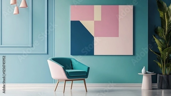 Fototapeta Teal living room with armchair and abstract art