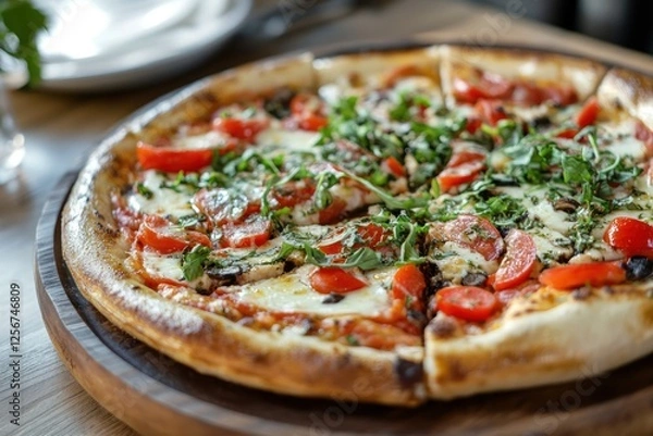 Fototapeta Delicious Tomato Basil Pizza Slices on Wooden Board