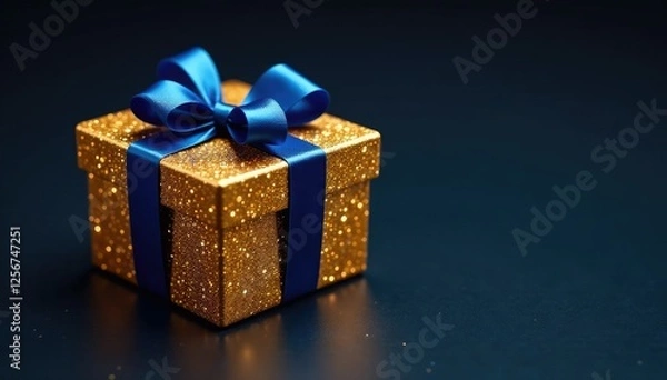 Fototapeta Glittering gold box with blue ribbon on dark background, sparkly, luxury, glitter