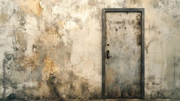 Fototapeta fire exit door in a worn-down building, the metal doors bearing the marks of time, with its importance evident amidst the surrounding walls showing the passage of years