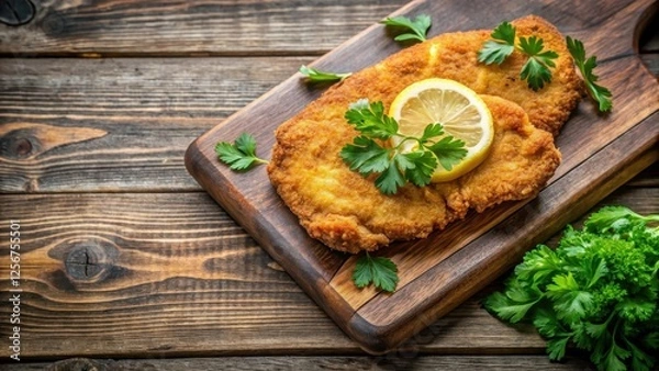 Obraz Crispy breaded and fried veal cutlet on a wooden cutting board with fresh parsley and lemon slices around it, fried
