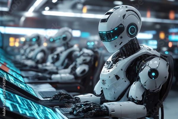 Fototapeta Robotic assistants working collaboratively with humans in futuristic environment, showcasing advanced technology and innovation. scene highlights integration of robotics in modern workplaces