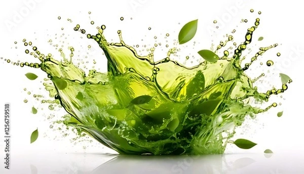 Fototapeta Leaves in green liquid, creating a large, dynamic and vibrant splash effect.
