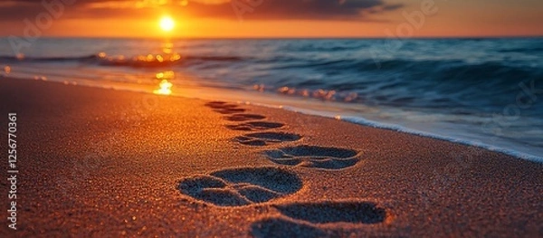 Fototapeta Tranquil sunset on the beach with footprints in the sand, waves gently lapping